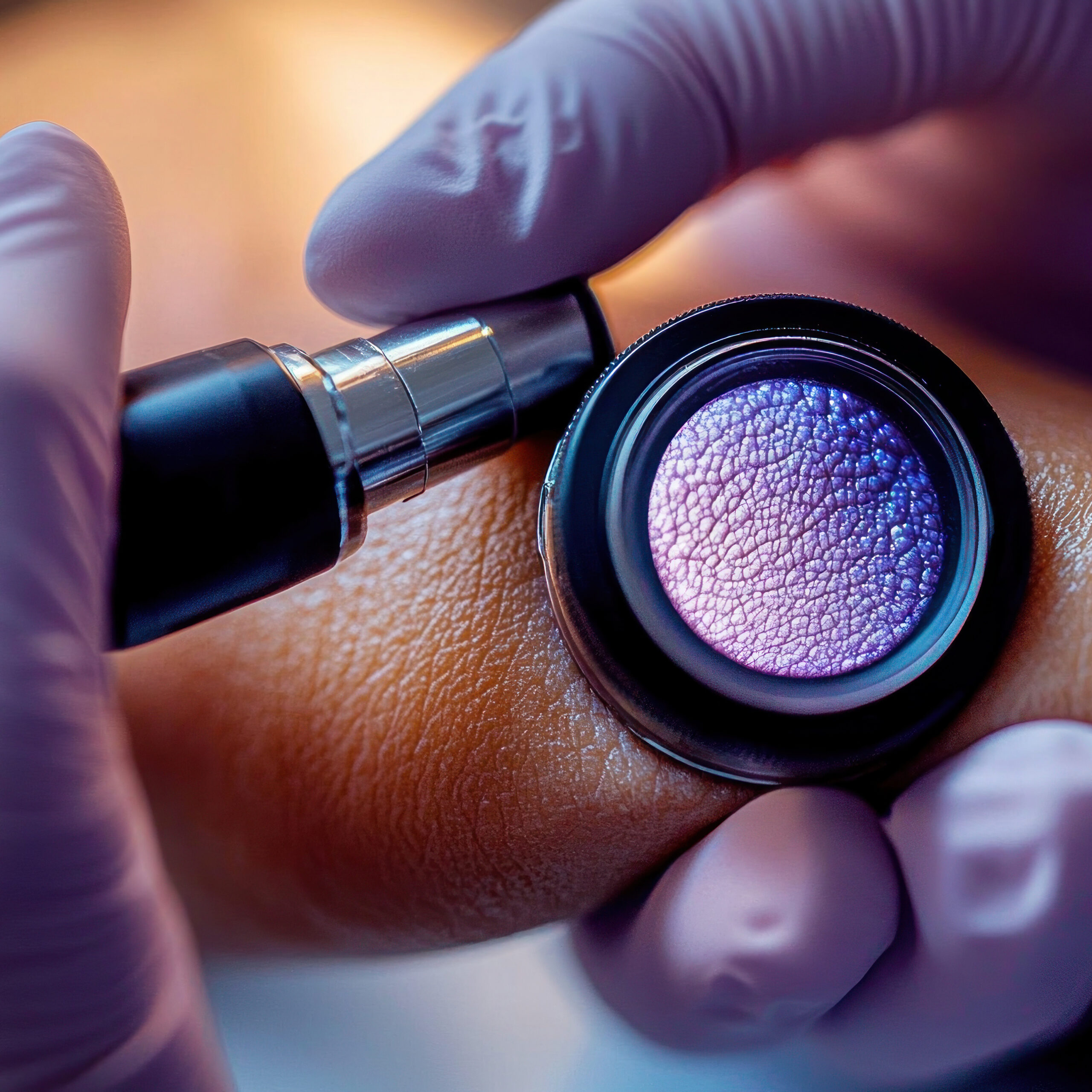 Close up of doctor examining skin with dermatoscope in dermatolo