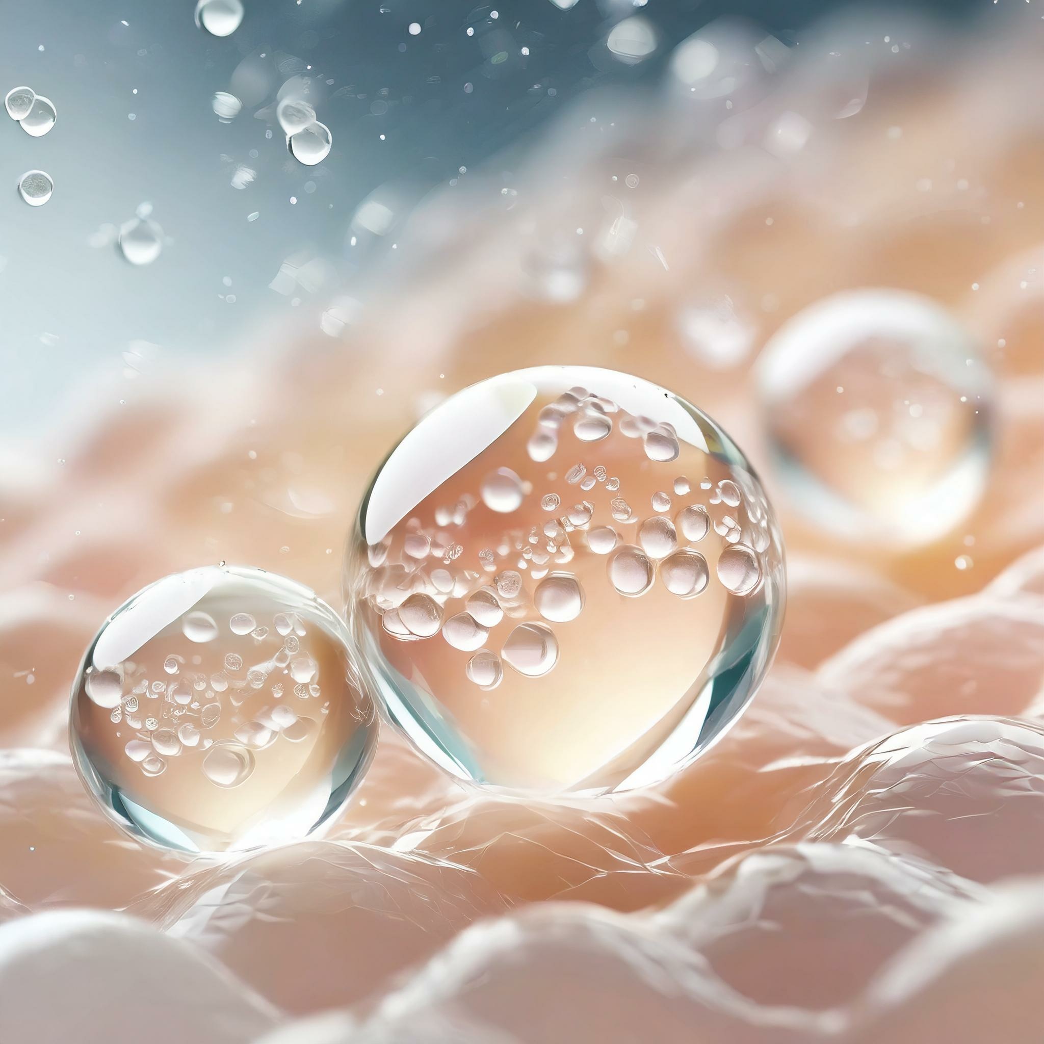 Closeup of Collagen of Skin - Molecules and Bubbles representing Cells and Vitamin Application - Skin Care Cosmetic 3D Render.