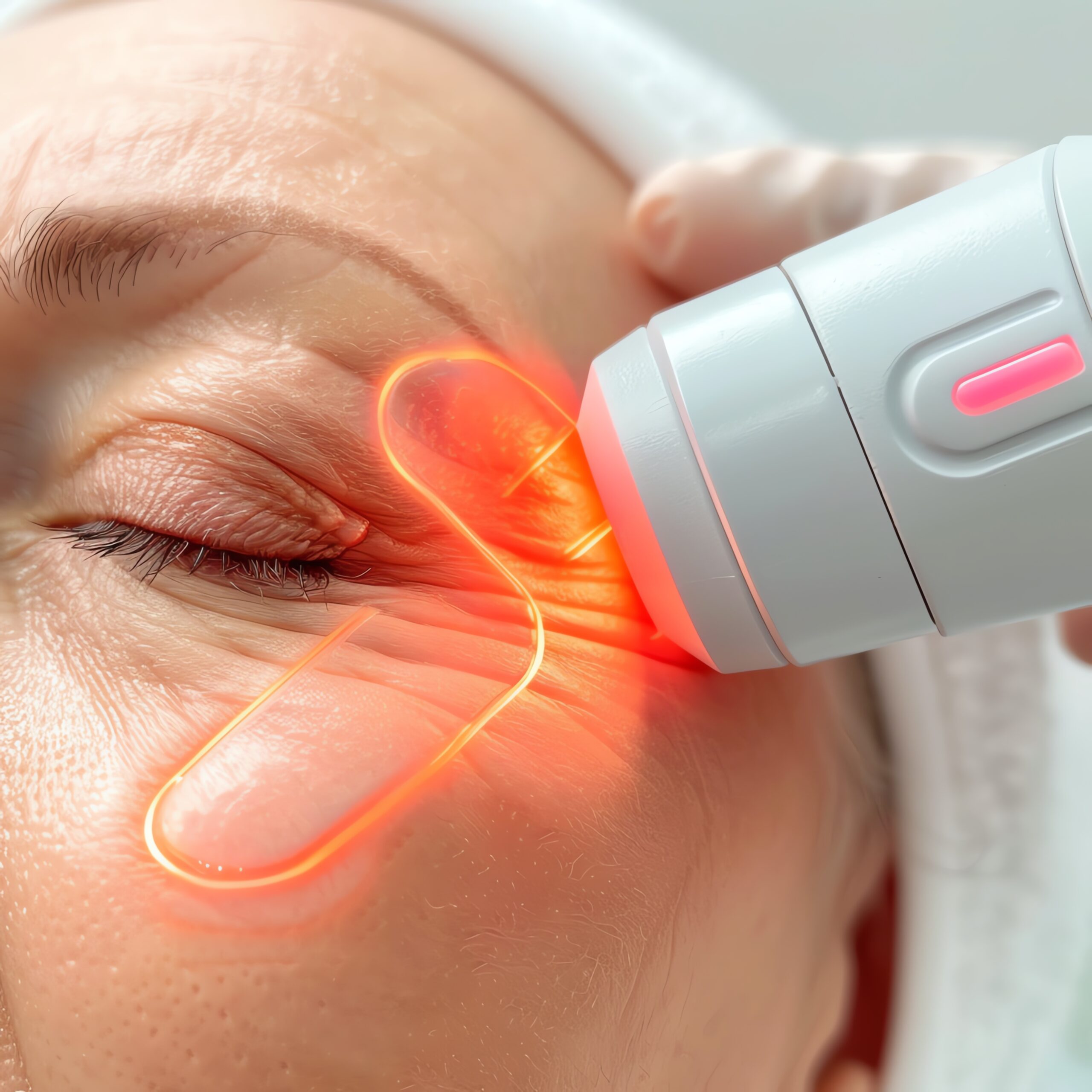 Closeup of a laser device being used on a patient s face for skin tightening, laser skin tightening, advanced skincare