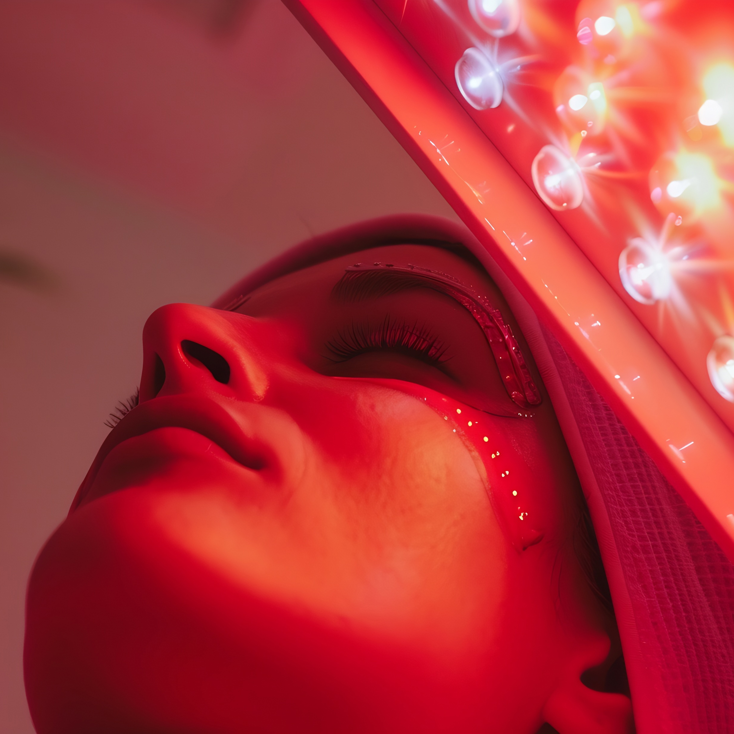 Vertical shot of young woman having red LED light facial photody